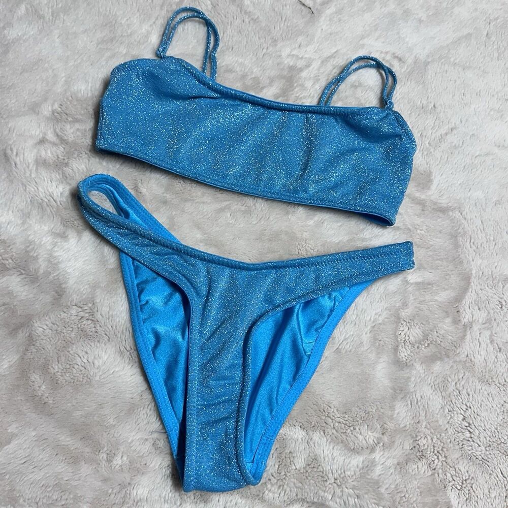 TRIANGL Blue Metallic Sparkle Shimmer Bikini Set Scoop Top Cheeky Bottom Small